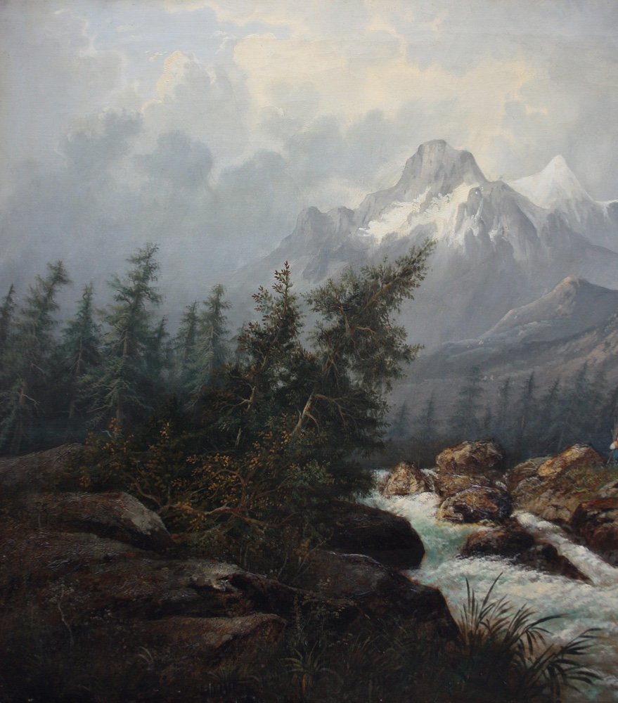 Great Landscape With Waterfall And Swiss Mount Wetterhorn By B.thomann, Dated 1877-photo-2