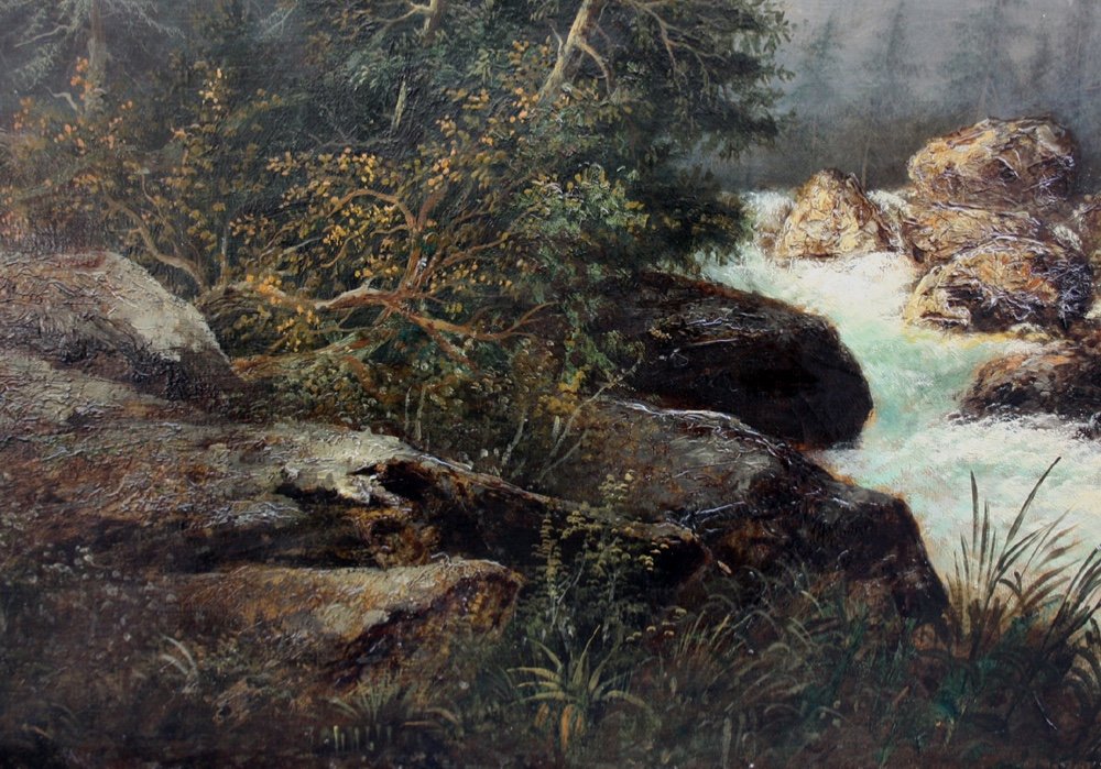 Great Landscape With Waterfall And Swiss Mount Wetterhorn By B.thomann, Dated 1877-photo-4