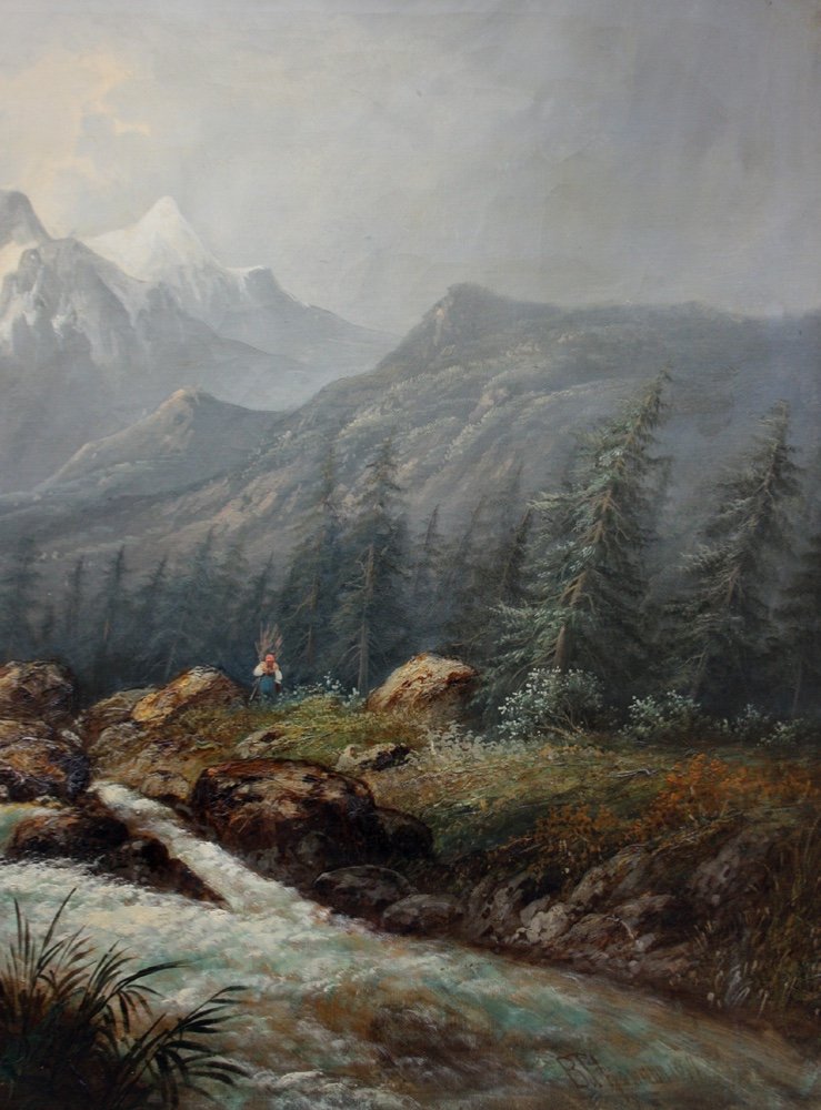 Great Landscape With Waterfall And Swiss Mount Wetterhorn By B.thomann, Dated 1877-photo-5