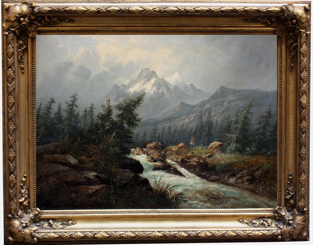 Great Landscape With Waterfall And Swiss Mount Wetterhorn By B.thomann, Dated 1877