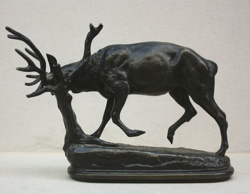 Antoine-Louis Barye (1796 - 1875) "Cerf frottant les bois", sculpture en bronze-photo-4