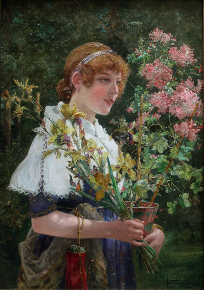 Scène dans un jardin fleuri.  par Ernst Albert Fischer-Coerlin (1853 - Berlin - 1832)-photo-2