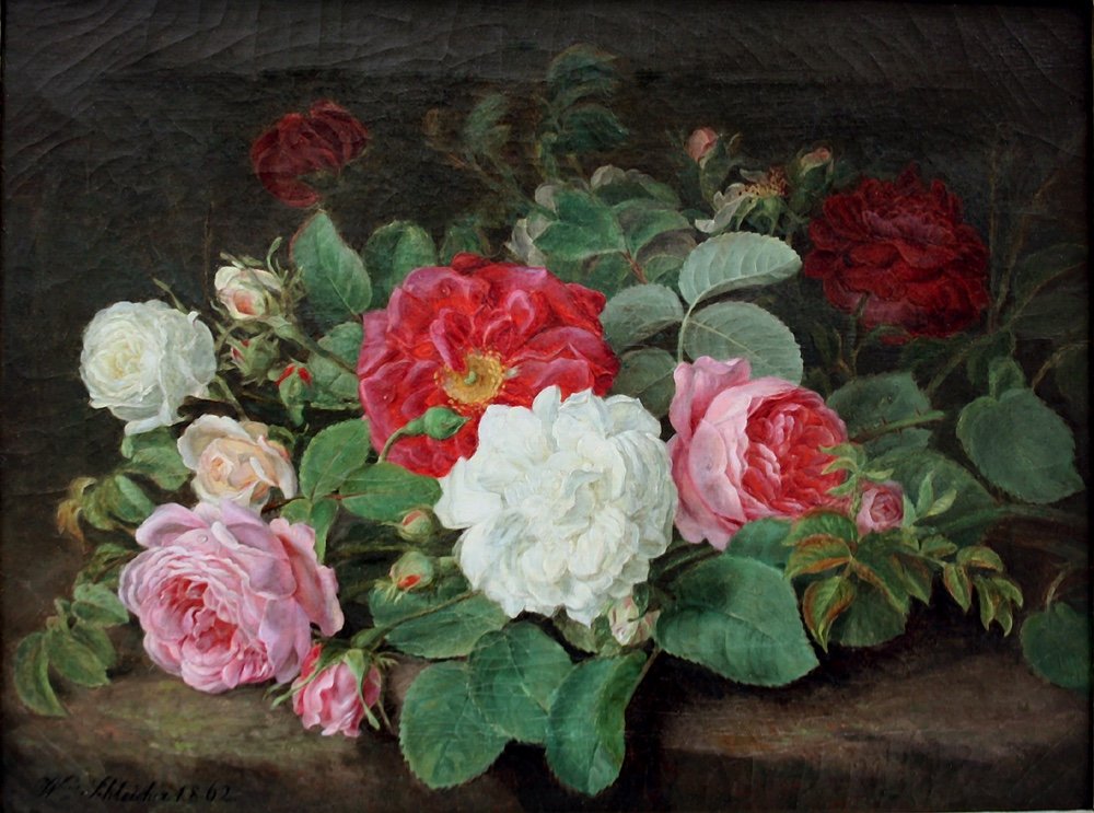 Nature morte aux roses de Wilhelmine Schleicher (Allemande, active dans les années 1860)-photo-2