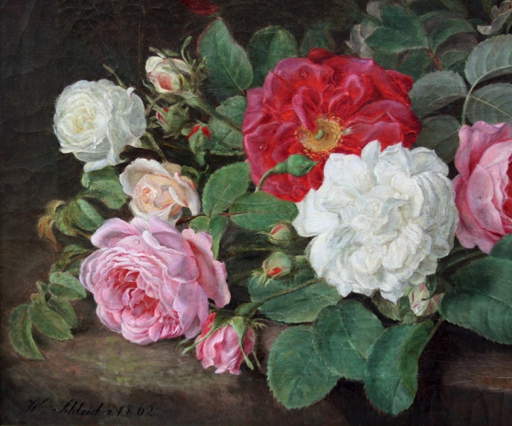 Nature morte aux roses de Wilhelmine Schleicher (Allemande, active dans les années 1860)-photo-1