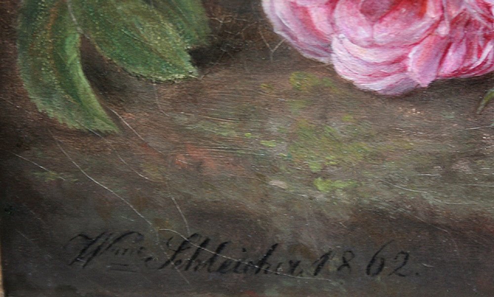 Nature morte aux roses de Wilhelmine Schleicher (Allemande, active dans les années 1860)-photo-2