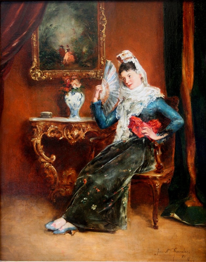 Spanish Lady In The Interior By Juan Antonio Gonsales/gonzalez (spanish, 1842 - 1914)-photo-2