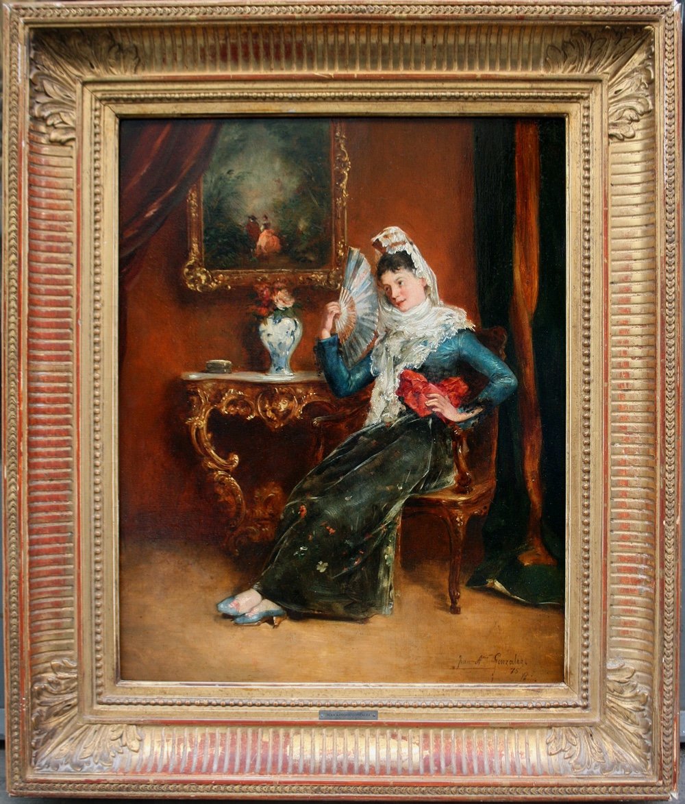 Spanish Lady In The Interior By Juan Antonio Gonsales/gonzalez (spanish, 1842 - 1914)