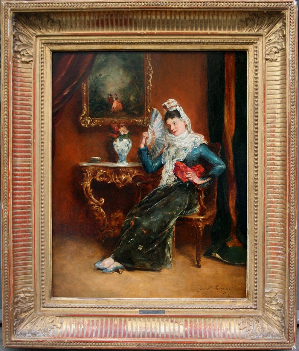 Dame espagnole à l'intérieur par Juan Antonio Gonsales/Gonzalez (Espagnol, 1842 - 1914)