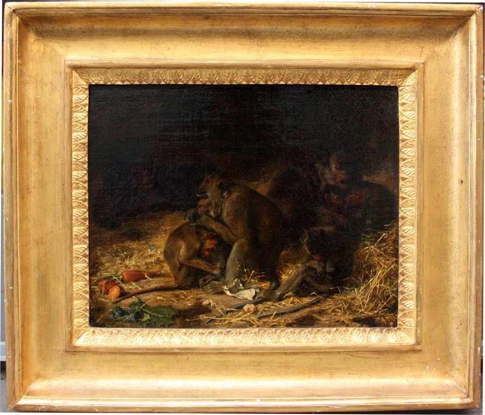 Macaque Family By Paul Friedrich Meyerheim (german 1842 -1915)