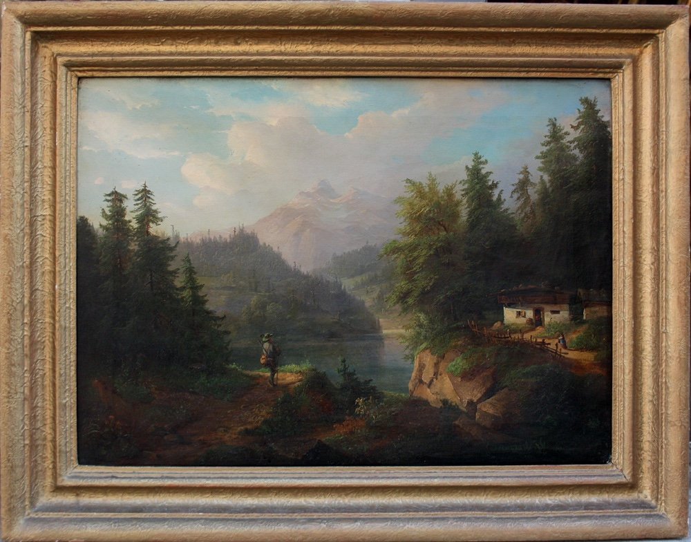 Paire de paysages alpins avec paysans au bord du lac par Anton Bayer (1805 - après 1884)-photo-2