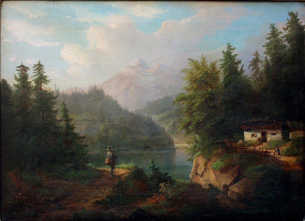 Paire de paysages alpins avec paysans au bord du lac par Anton Bayer (1805 - après 1884)-photo-3