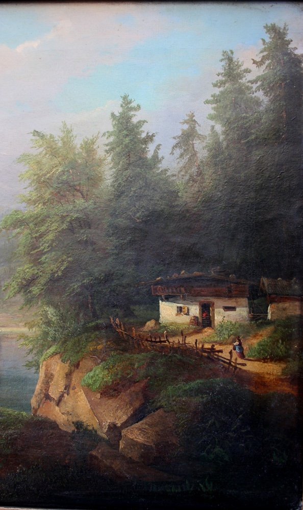 Paire de paysages alpins avec paysans au bord du lac par Anton Bayer (1805 - après 1884)-photo-4