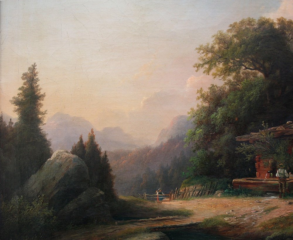 Paire de paysages alpins avec paysans au bord du lac par Anton Bayer (1805 - après 1884)-photo-5