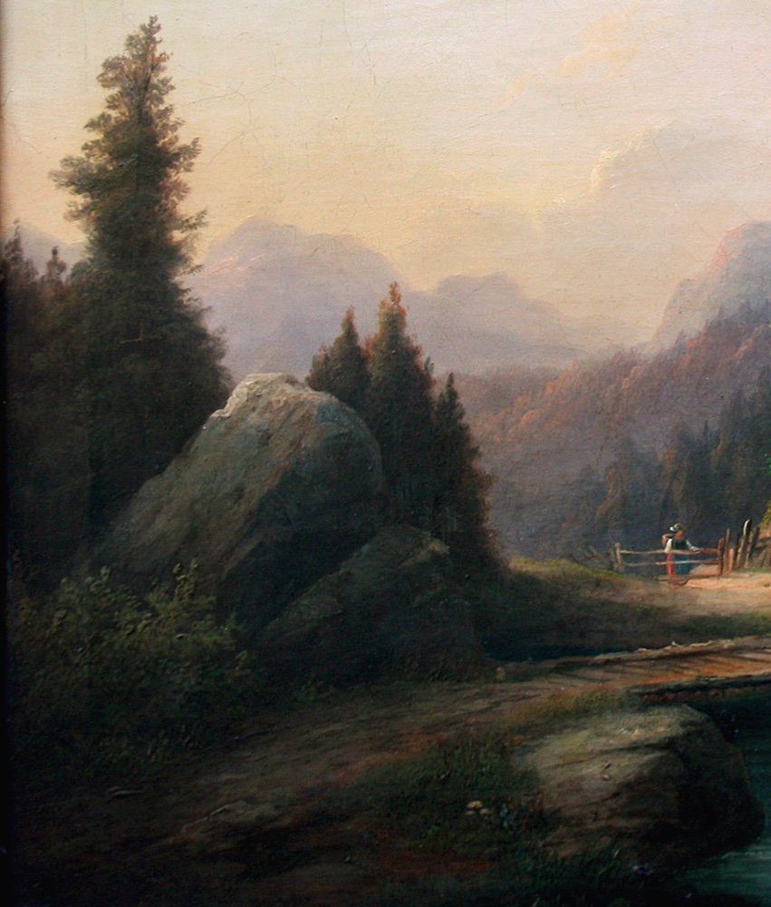 Paire de paysages alpins avec paysans au bord du lac par Anton Bayer (1805 - après 1884)-photo-6