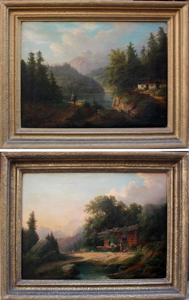 Paire de paysages alpins avec paysans au bord du lac par Anton Bayer (1805 - après 1884)