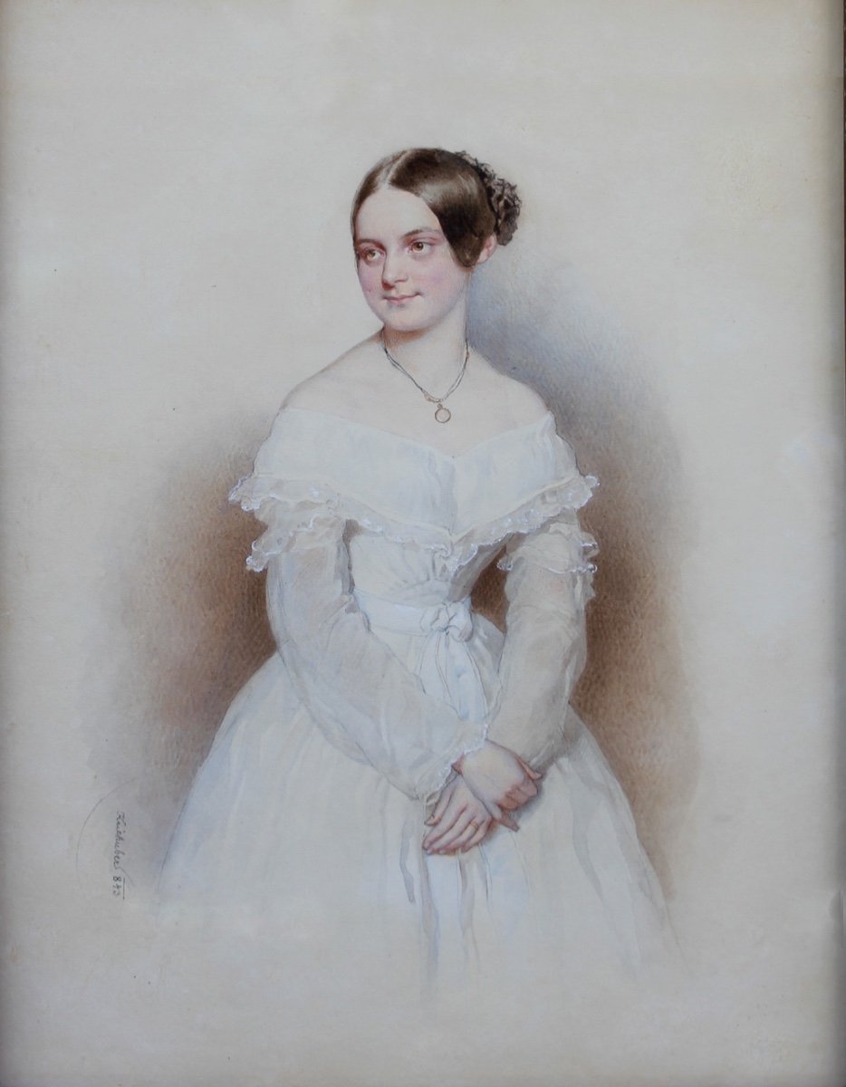 Josef Kriehuber (1800-1876) Portrait d'une jeune femme en robe blanche-photo-2
