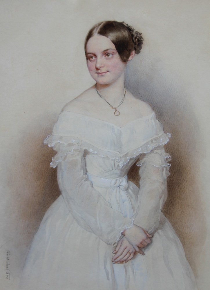 Josef Kriehuber (1800-1876) Portrait d'une jeune femme en robe blanche-photo-3