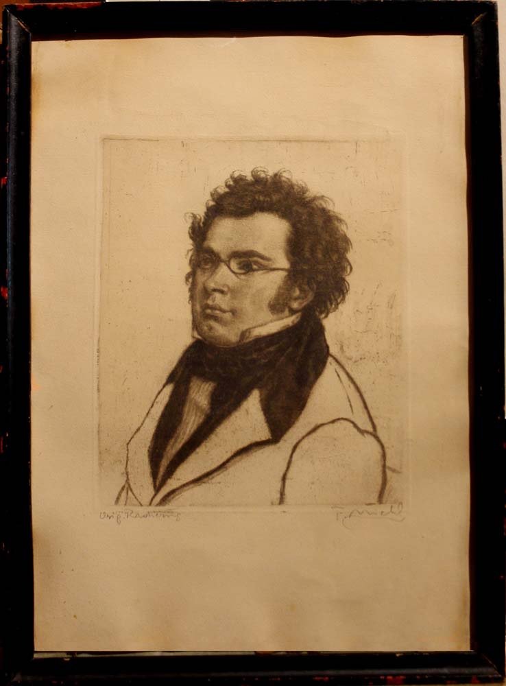 Portrait du Compositeur Autrichien Franz Schubert, Gravure Originale par F. Michl (né en 1926)