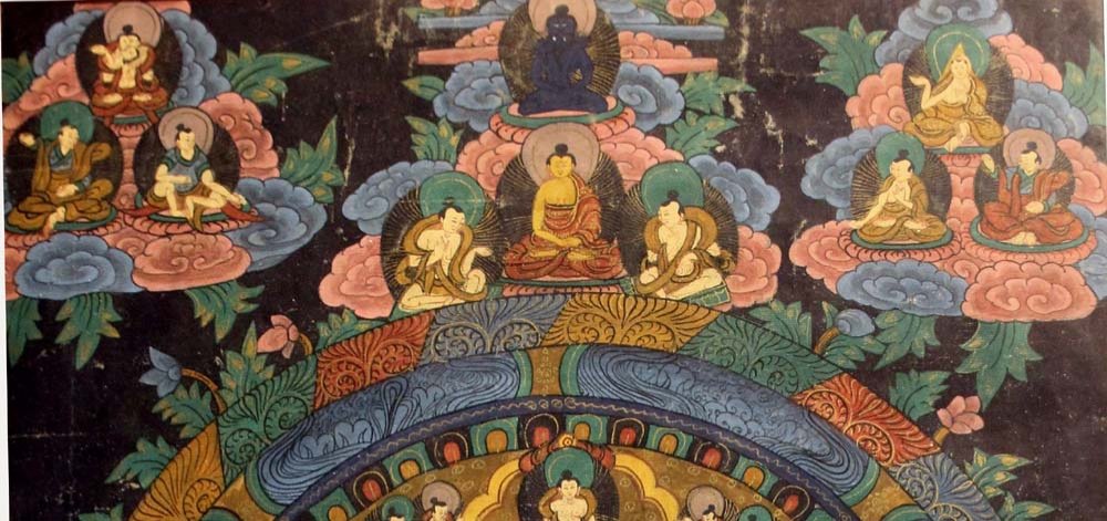 Thangka, Padmasambhava dans Copper Mountain Paradise,peinture bouddhiste tibétaine,19/20e siec-photo-1
