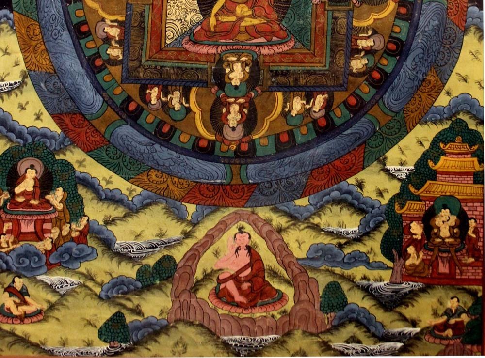 Thangka, Padmasambhava dans Copper Mountain Paradise,peinture bouddhiste tibétaine,19/20e siec-photo-2