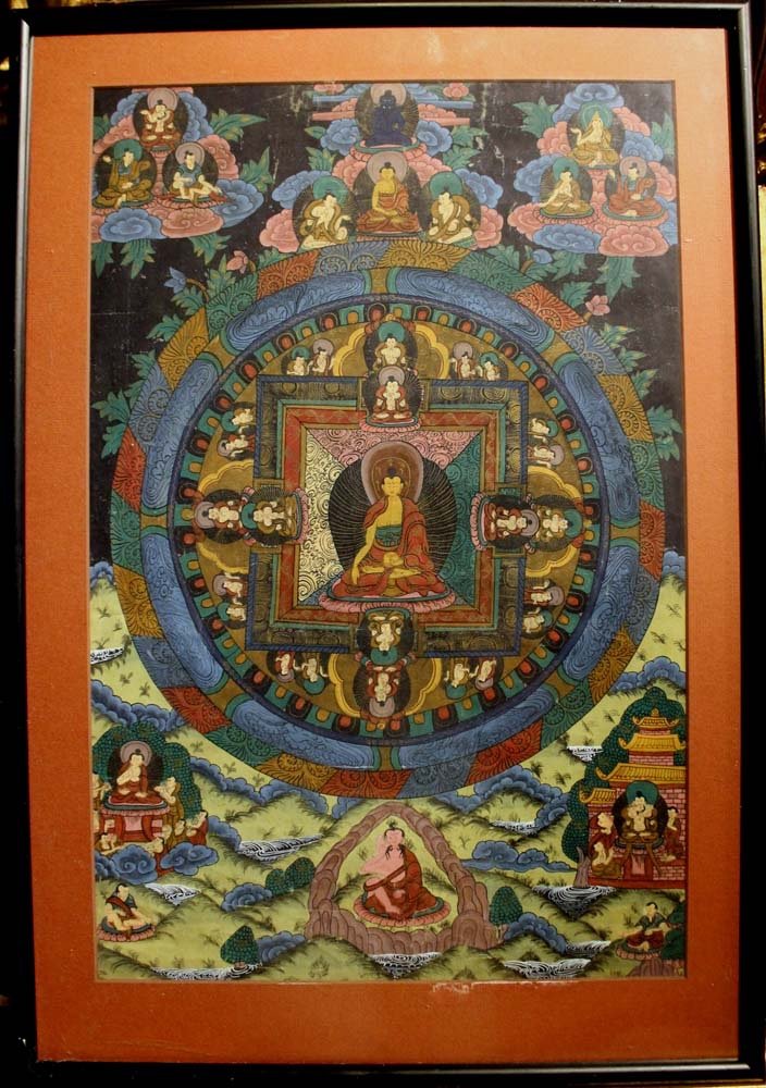 Thangka, Padmasambhava dans Copper Mountain Paradise,peinture bouddhiste tibétaine,19/20e siec