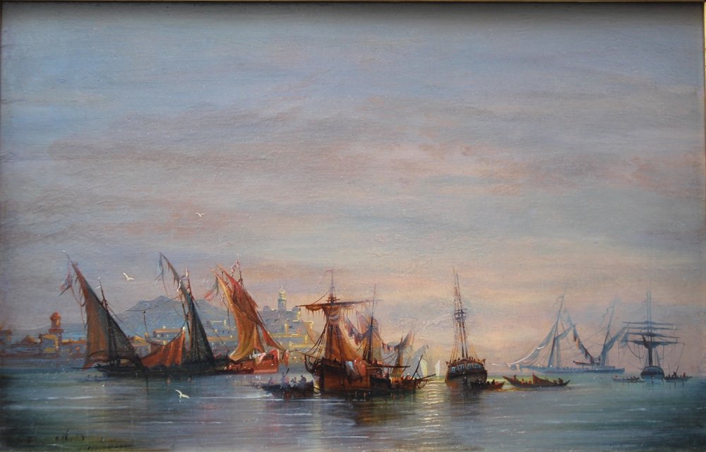 Ferdinand Bonheur (french, 1817 - 1887) Sailboats In A Mediterranean Port (marseille?)-photo-2
