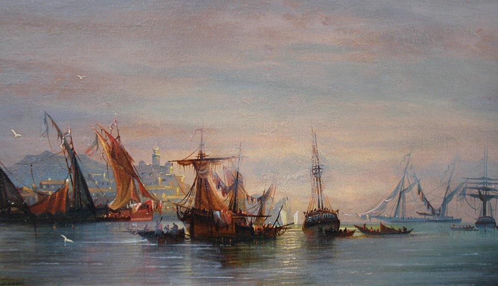 Ferdinand Bonheur (french, 1817 - 1887) Sailboats In A Mediterranean Port (marseille?)-photo-3