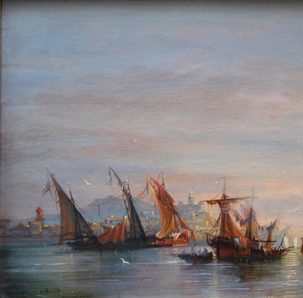 Ferdinand Bonheur (french, 1817 - 1887) Sailboats In A Mediterranean Port (marseille?)-photo-4