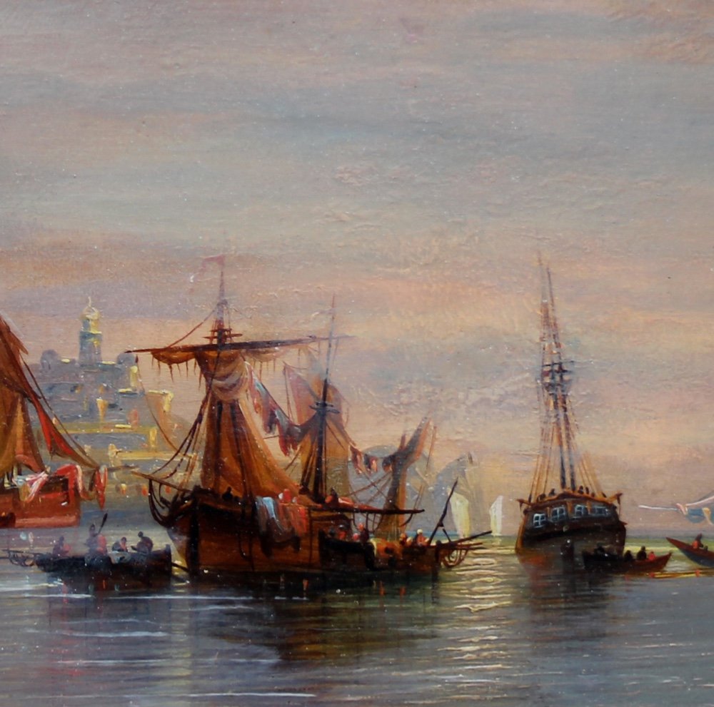 Ferdinand Bonheur (french, 1817 - 1887) Sailboats In A Mediterranean Port (marseille?)-photo-1