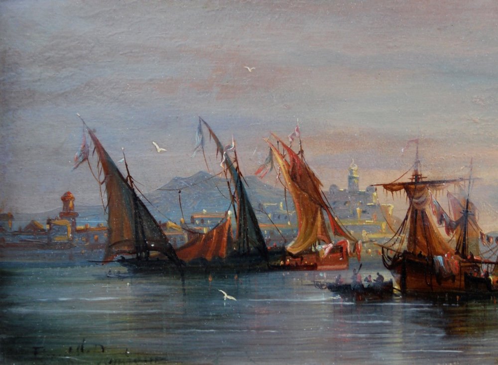 Ferdinand Bonheur (french, 1817 - 1887) Sailboats In A Mediterranean Port (marseille?)-photo-4