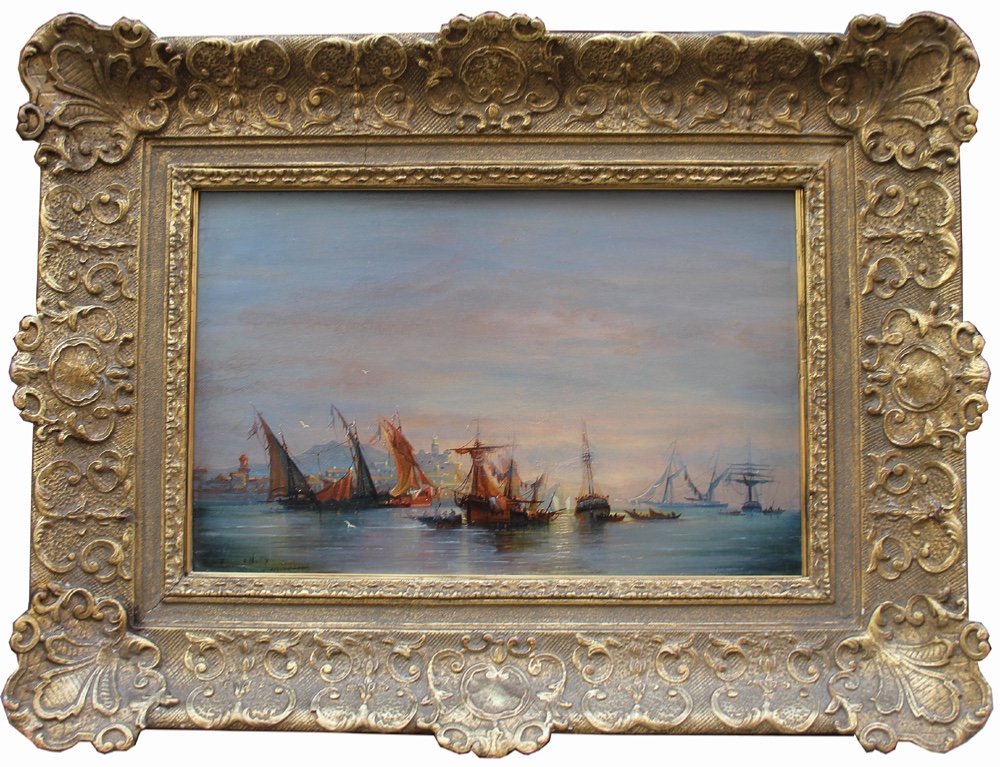 Ferdinand Bonheur (french, 1817 - 1887) Sailboats In A Mediterranean Port (marseille?)