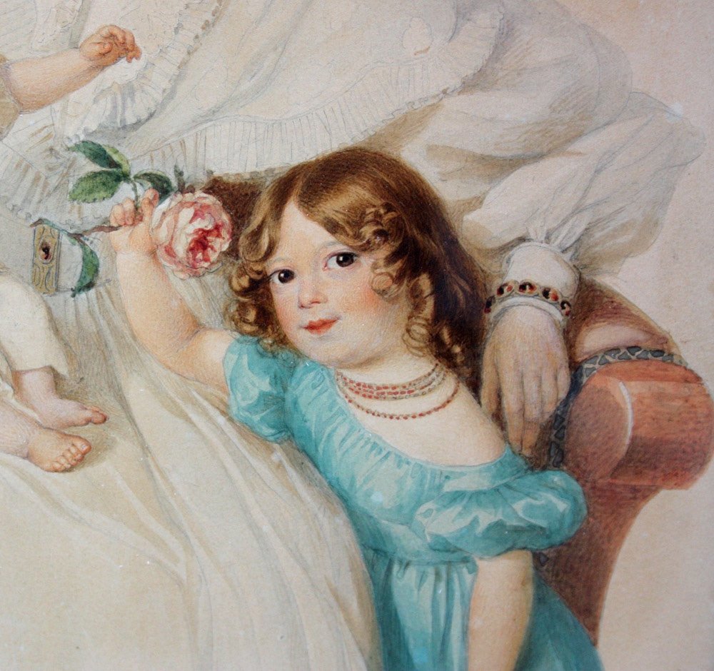"Mère de deux enfants" par Alexander Clarot (1796-1842) , aquarelle-photo-3