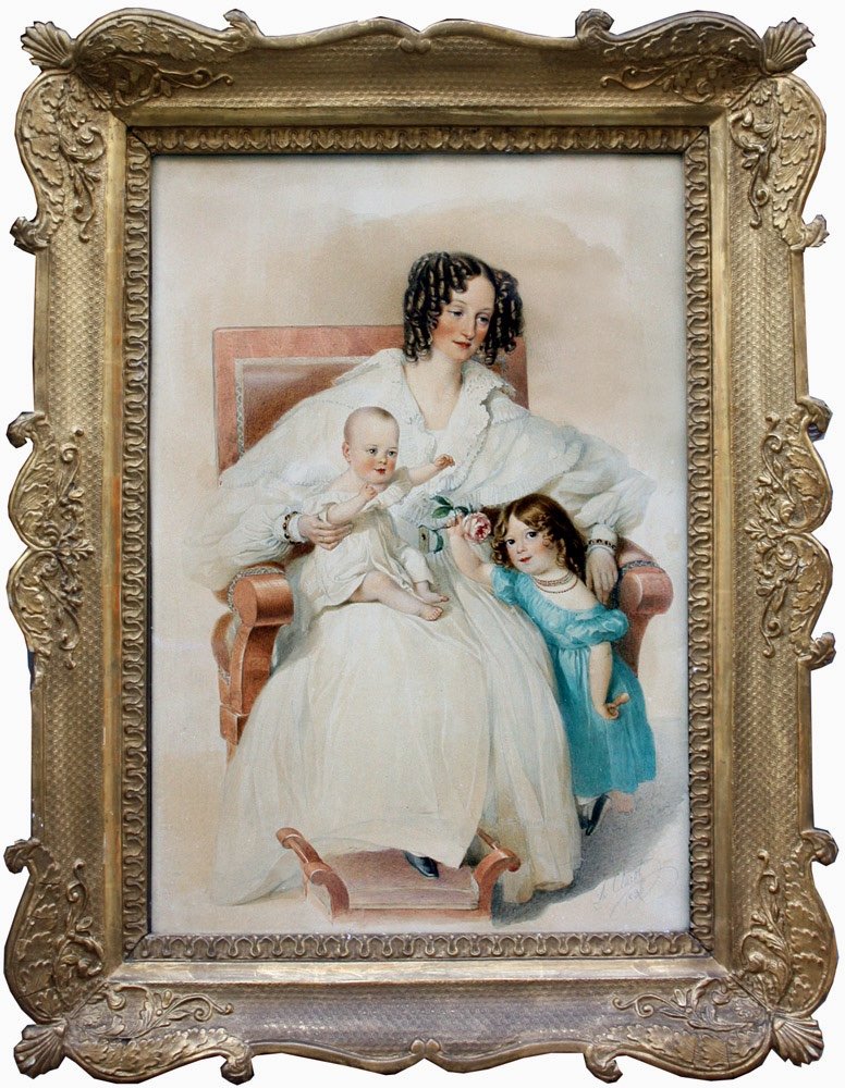"Mère de deux enfants" par Alexander Clarot (1796-1842) , aquarelle