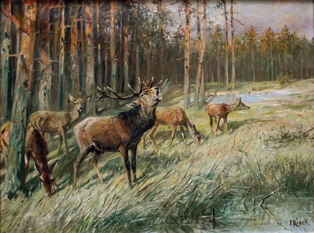 Paysage forestier avec cerf rugissant et ses biches par Emil Rieck ( allemand 1852-1939)-photo-2