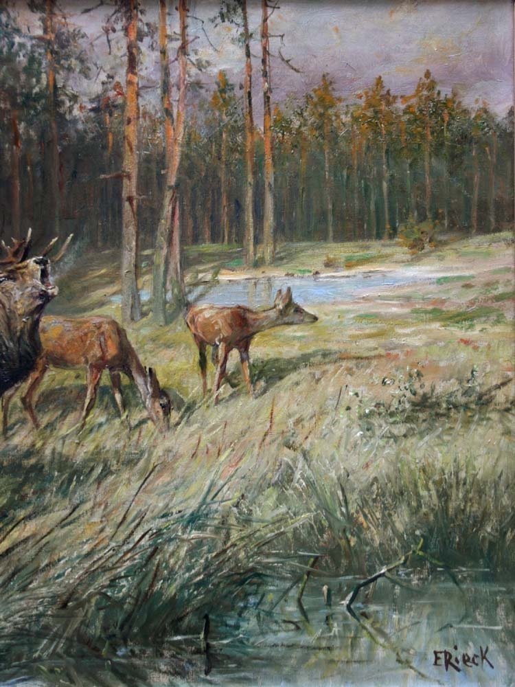 Paysage forestier avec cerf rugissant et ses biches par Emil Rieck ( allemand 1852-1939)-photo-1