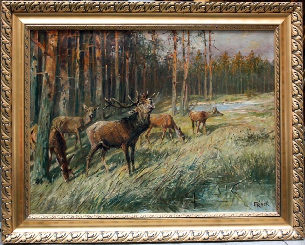 Paysage forestier avec cerf rugissant et ses biches par Emil Rieck ( allemand 1852-1939)