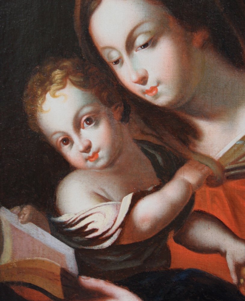Vierge à l'Enfant, Peintre Baroque Italien, Signée Et Datée 1707-photo-3