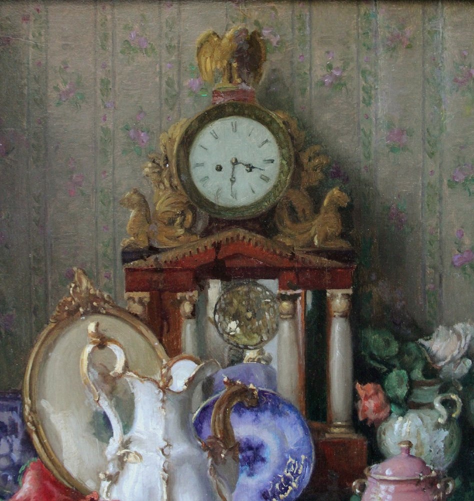Nature morte aux roses, horloges de cheminée et porcelaine de Josef Schuster (1873 - 1945)-photo-3