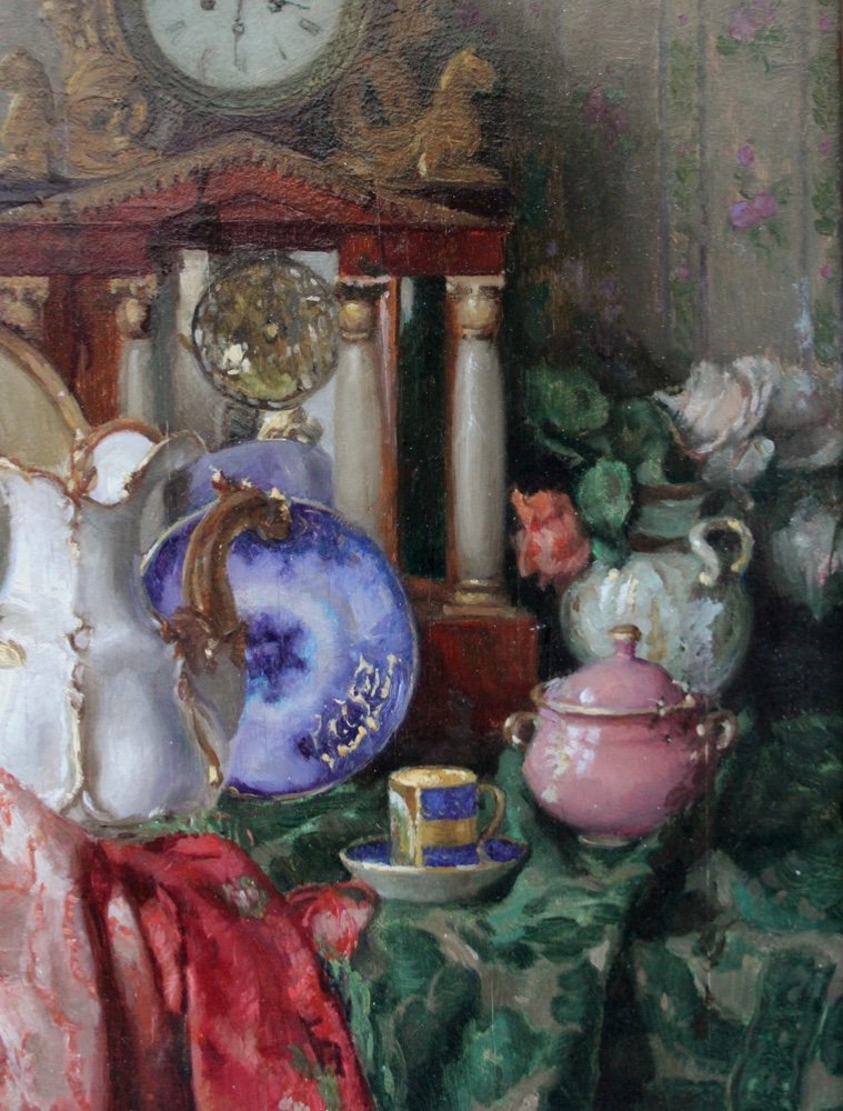 Nature morte aux roses, horloges de cheminée et porcelaine de Josef Schuster (1873 - 1945)-photo-1