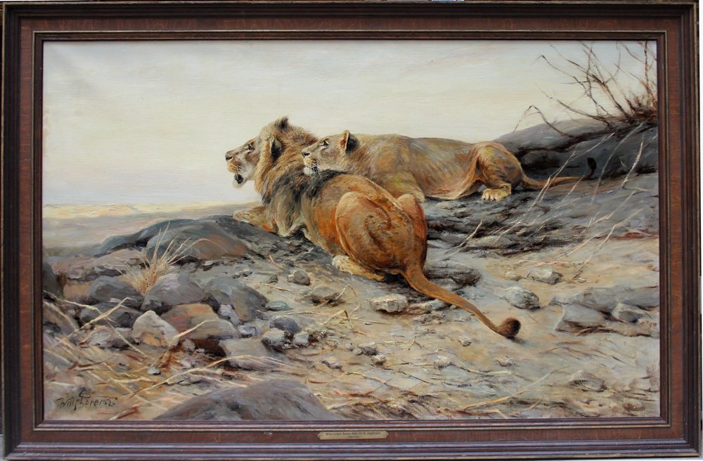 Tableau monumental « Lion et lionne » par Wilhelm Lorenz (allemand, 1901 - Cologne - 1981)