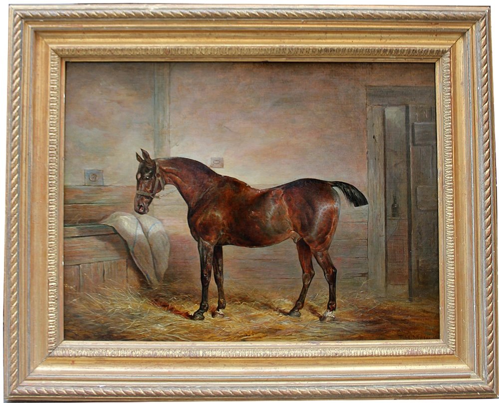 Racehorse In The Stable By Thomas Hillier Mew (british, Fl.1850-1875)