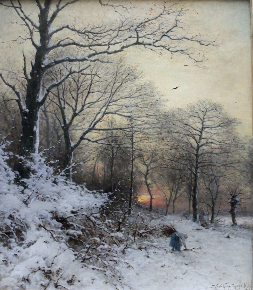 Wood Collector In The  Winter Forest By Heinrich Gogarten (german, 1850 - 1911)-photo-2