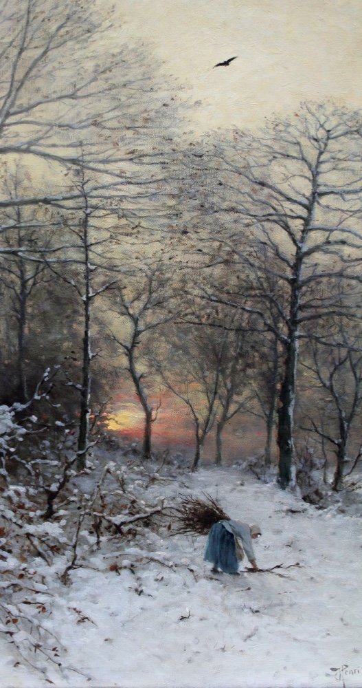 Collecteur de bois dans la forêt d'hiver par Heinrich Gogarten (allemand, 1850 - 1911)-photo-3