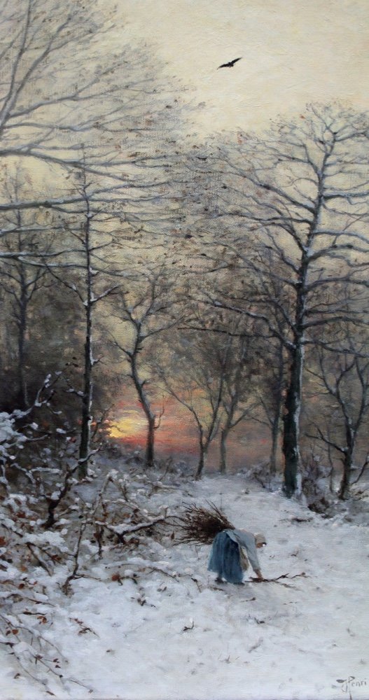 Wood Collector In The  Winter Forest By Heinrich Gogarten (german, 1850 - 1911)-photo-3