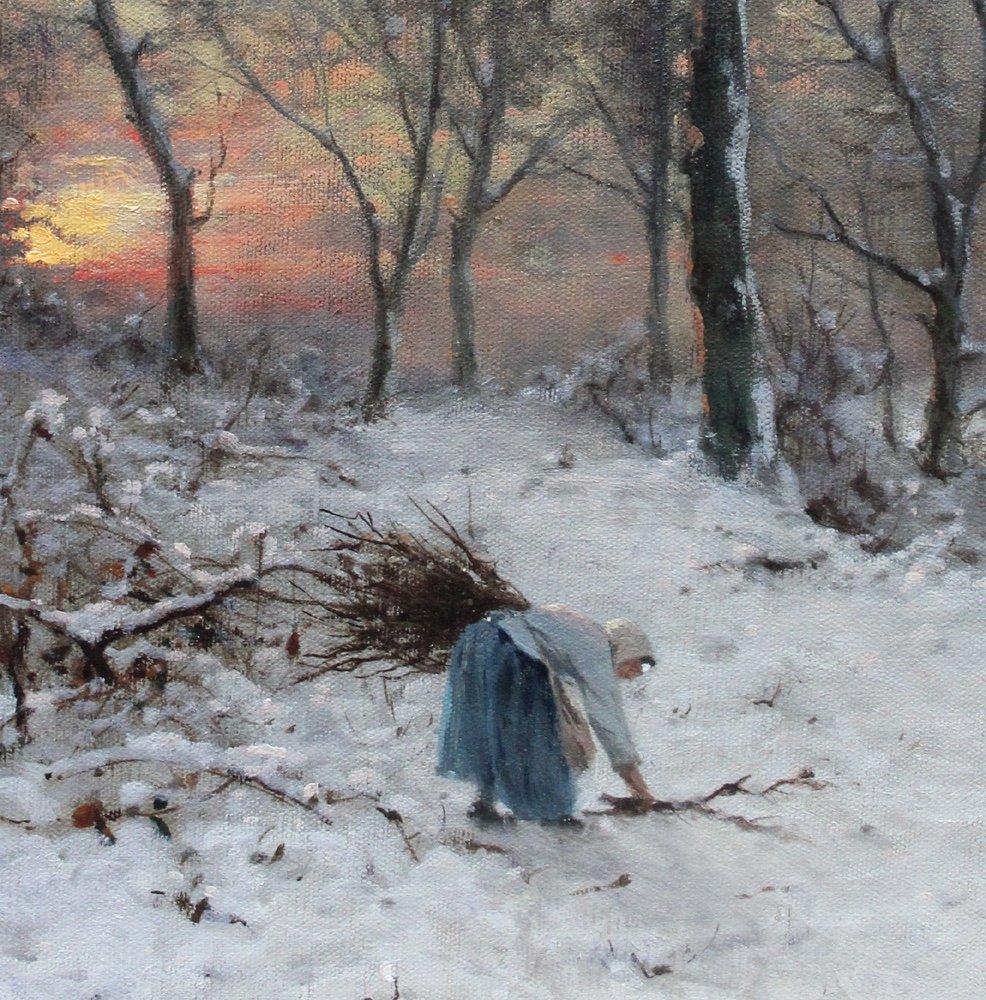 Collecteur de bois dans la forêt d'hiver par Heinrich Gogarten (allemand, 1850 - 1911)-photo-4