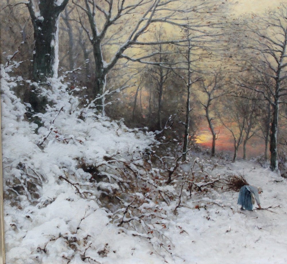 Wood Collector In The  Winter Forest By Heinrich Gogarten (german, 1850 - 1911)-photo-1