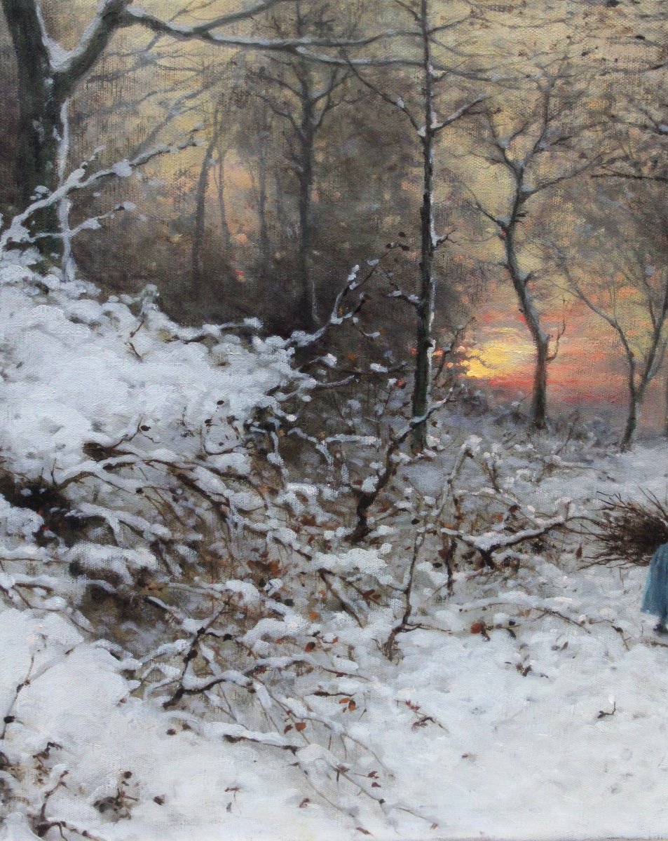 Wood Collector In The  Winter Forest By Heinrich Gogarten (german, 1850 - 1911)-photo-2