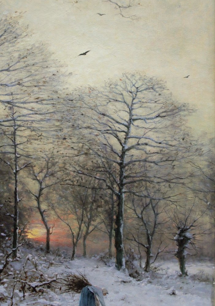 Collecteur de bois dans la forêt d'hiver par Heinrich Gogarten (allemand, 1850 - 1911)-photo-5