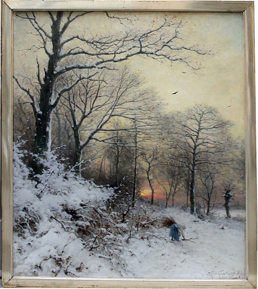 Wood Collector In The  Winter Forest By Heinrich Gogarten (german, 1850 - 1911)