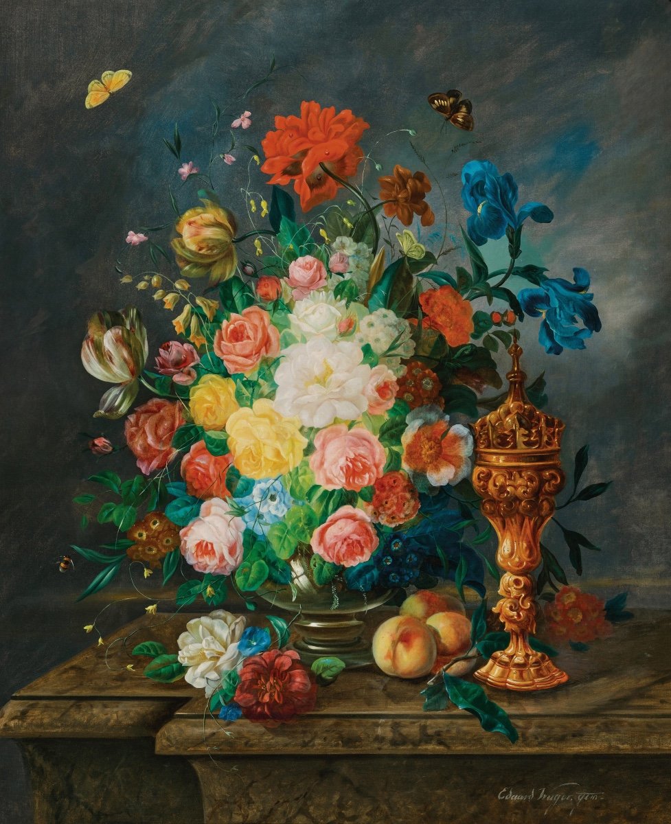 Grande nature morte aux fleurs et coupe en argent par Eduard  Wuger (Austrian 1830-1880)-photo-2